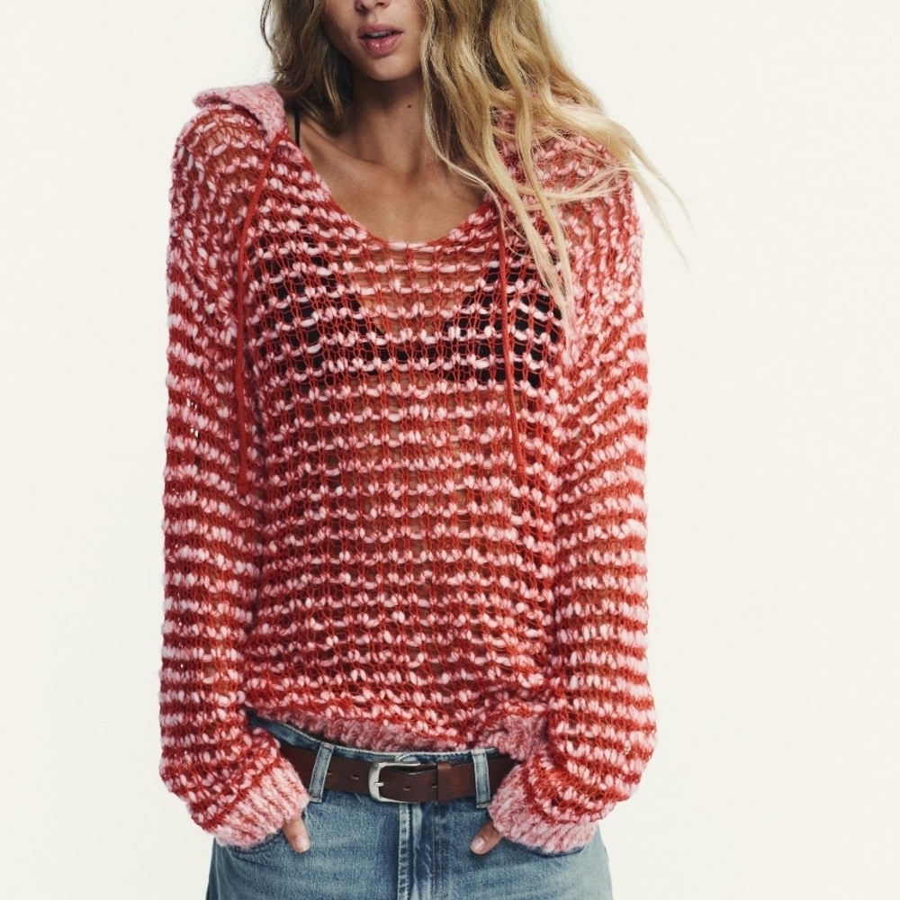 NWT Zara Pointelle Open Weave Wool Collared Lightweight Sweater In Red - L